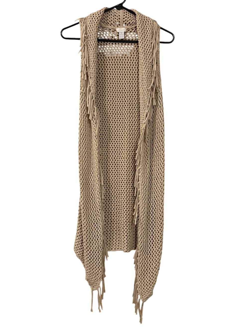 Chico's Beige Open-Knit Fringe Sleeveless Cardigan Vest